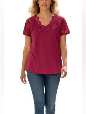 Lace Pink Comfy Top Women’s 1X Ambiance Apparel Sheer Stretch Feminine Romantic